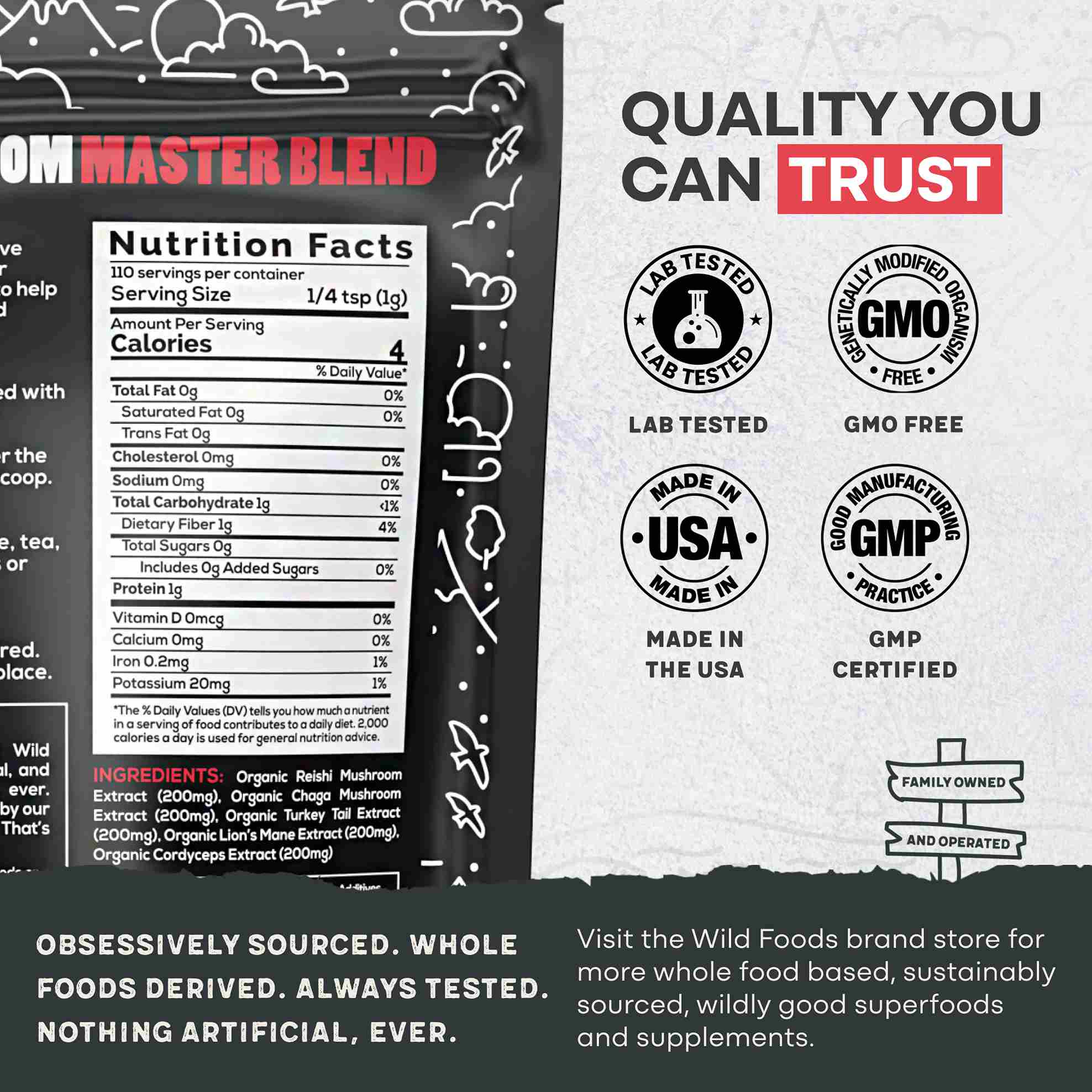 Master Mushrooms Blend, 110 servings – Immune Boosting Adaptogenic Mushrooms by Wild Foods