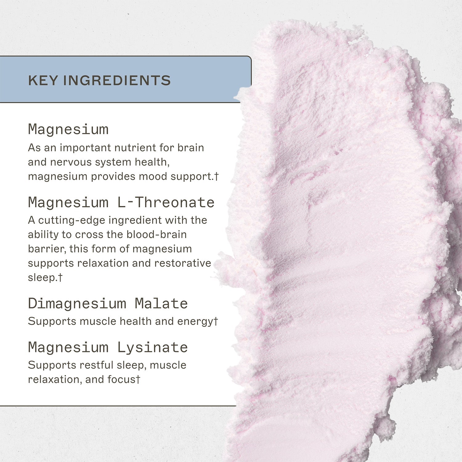NeuroCalm Mag key ingredients. Magnesium, as an important nutrient for brain and nervous system healthy, magnesium provides mood support†. Magnesium L-Threonate, a cutting-edge ingredient with the ability to cross the blood-brain barrier,this form of magnesium supports relaxaion and restorative sleep†. Dimagnesium Malate, supports muscle health and energy†. Magnesium Lysinate, supports restful sleep, muscle relaxation, and focus†. 