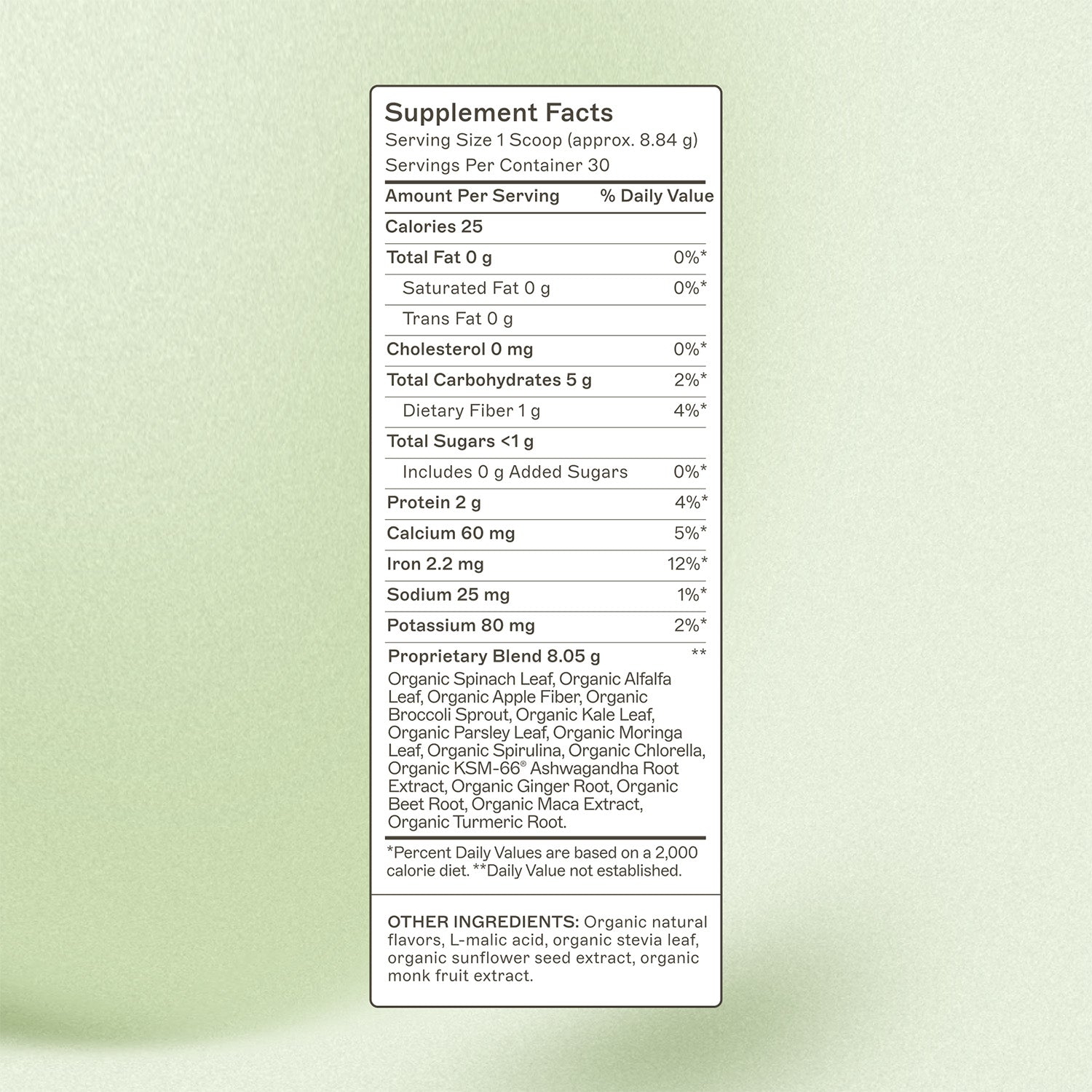 Organic Greens supplement facts panel