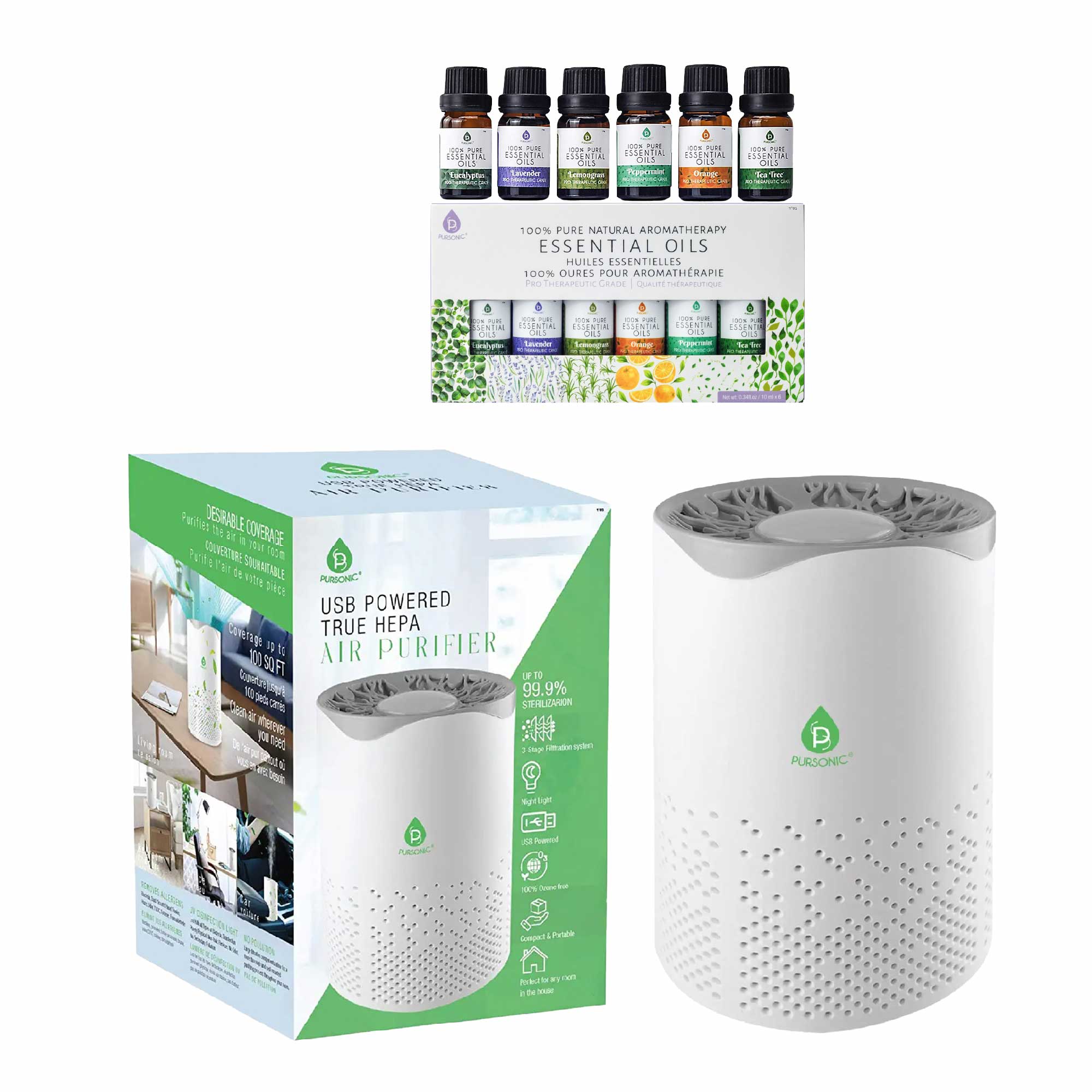 Pursonic Air Purifier with 6-Pack Premium Essential Oils Collection by Pursonic