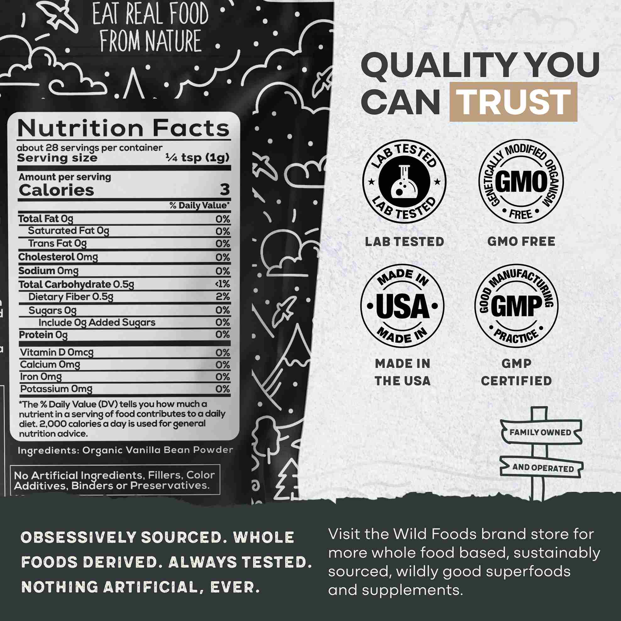 Vanilla Powder, 28 servings - Organic Ground Whole Vanilla Beans by Wild Foods