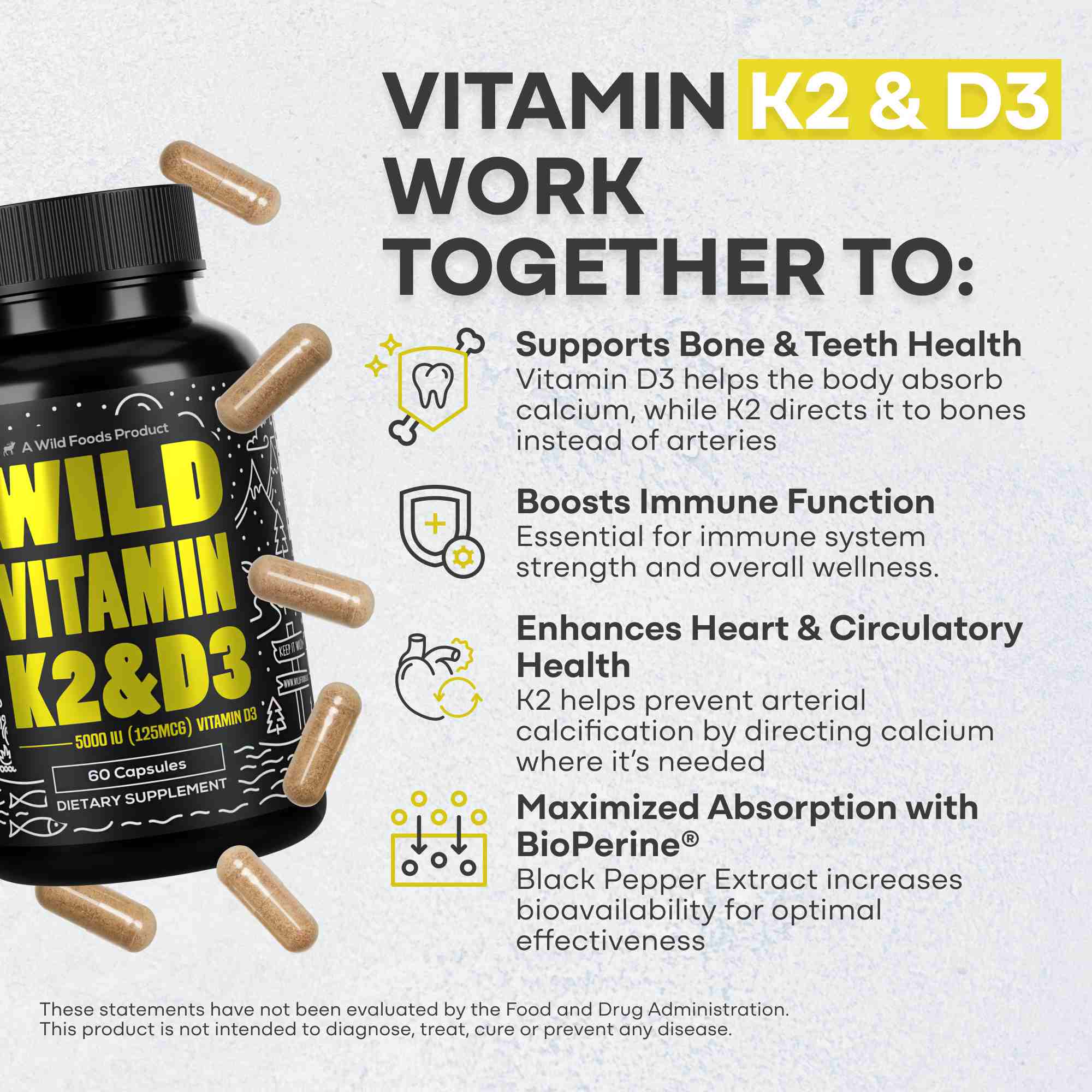 Vitamin K2 (MK-7) & Vitamin D3 (5000 IU) & Black Pepper Extract by Wild Foods