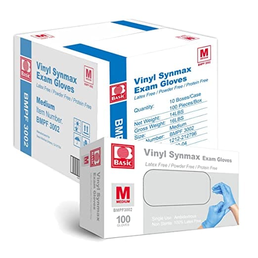 Basic Medical Synmax Nitrile-Vinyl blend Blue Exam Gloves Powder Free, Latex Free 1000 count