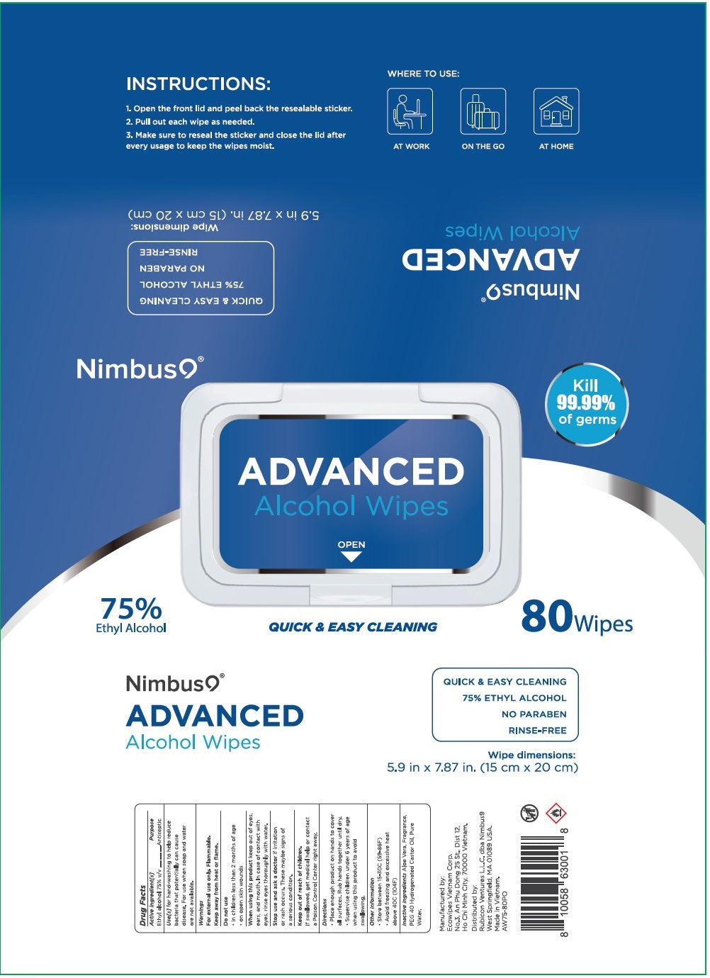 Nimbus9﻿® ADVANCED 75% Alcohol Sanitizing Wipes - 80/Pack