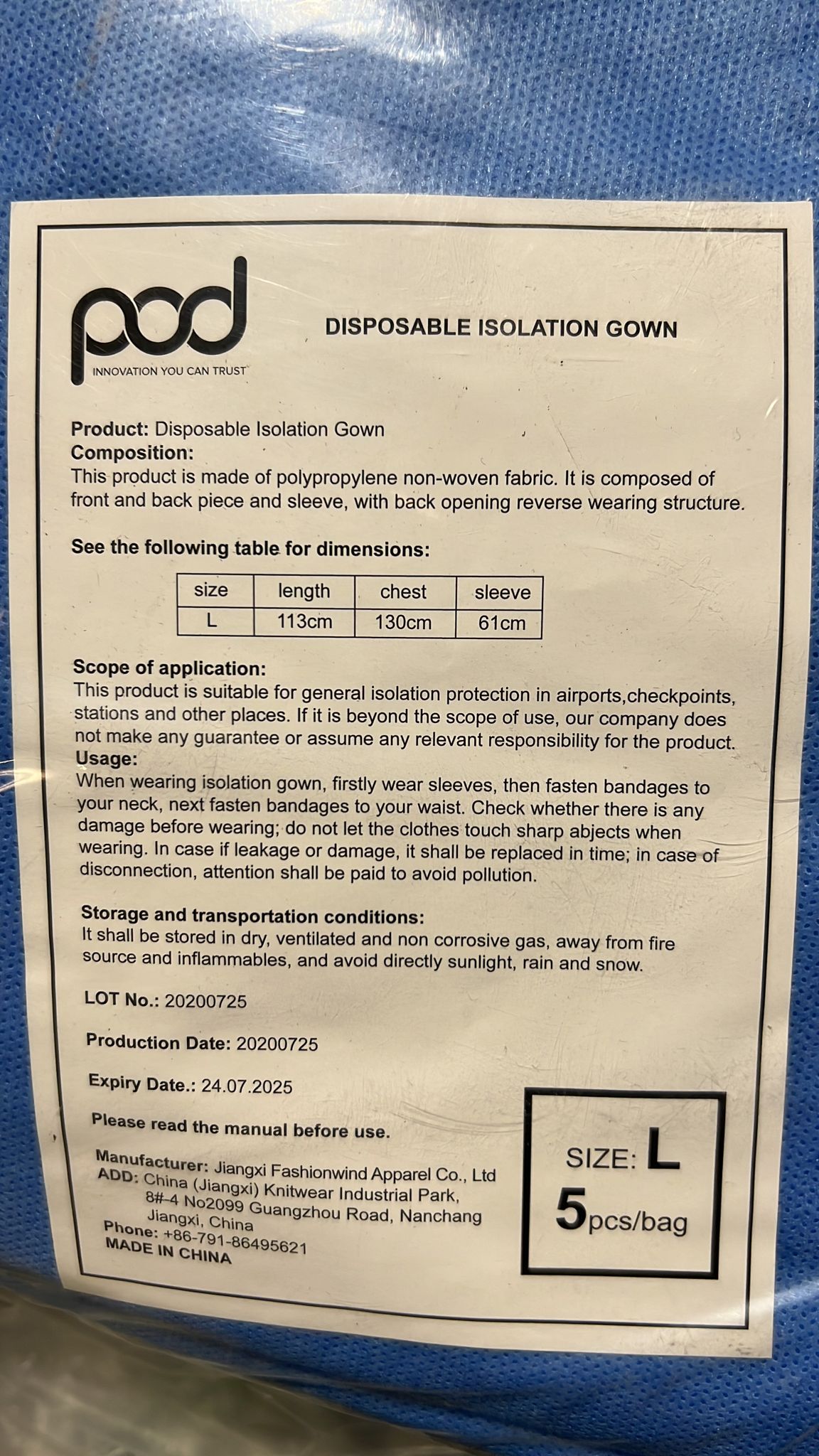 Pods Health Blue Disposable Isolation Gowns , Level 2, 35 GSM 100/Case